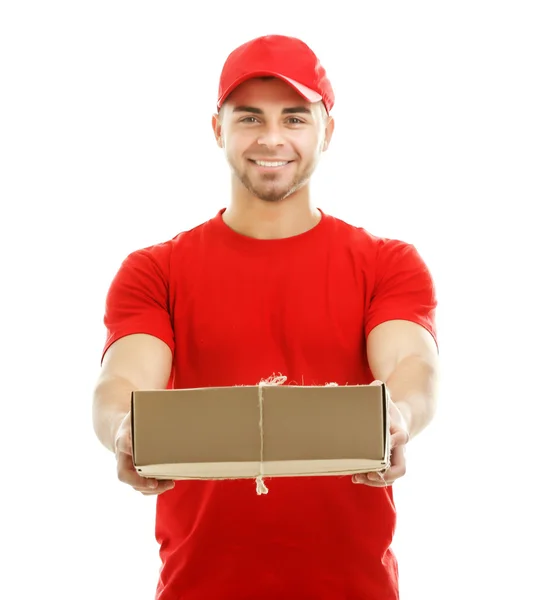 Delivery man holding package — Stock Photo, Image