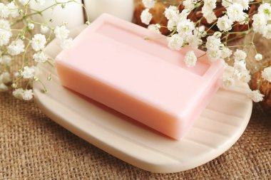 Bir tabak üzerinde ahşap arka plan üzerinde soap, yakın çekim