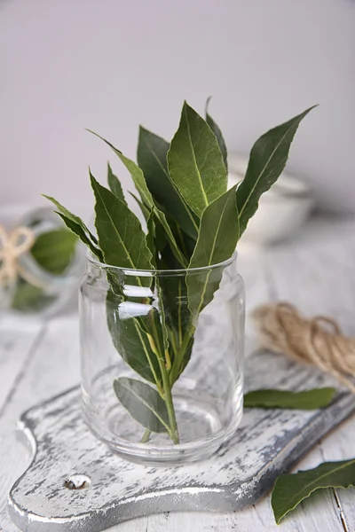 Hojas de laurel frescas en frasco de vidrio, sobre mesa de madera blanca — Foto de Stock