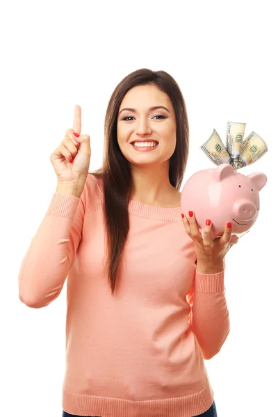 Woman with money box and banknotes — Stock Photo, Image