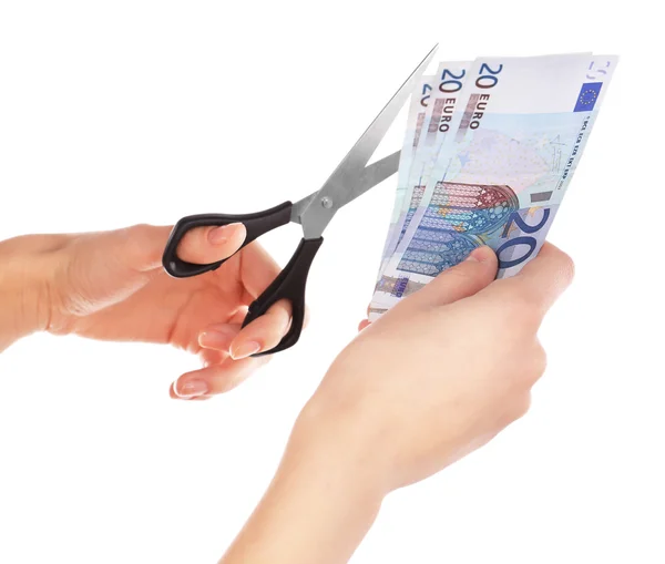 Hands with scissors cutting Euro — Stock Photo, Image