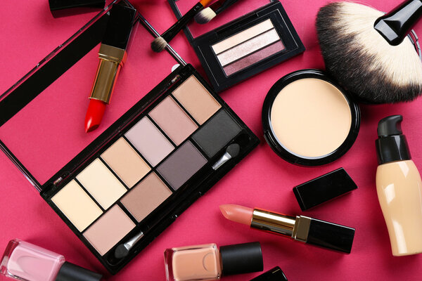 Cosmetics on pink background