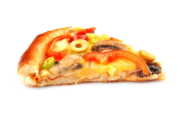 Кусок вкусной пиццы, изолированный на белом — стоковое фото