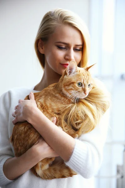 Mujer sostiene rojo gato en manos — Foto de Stock