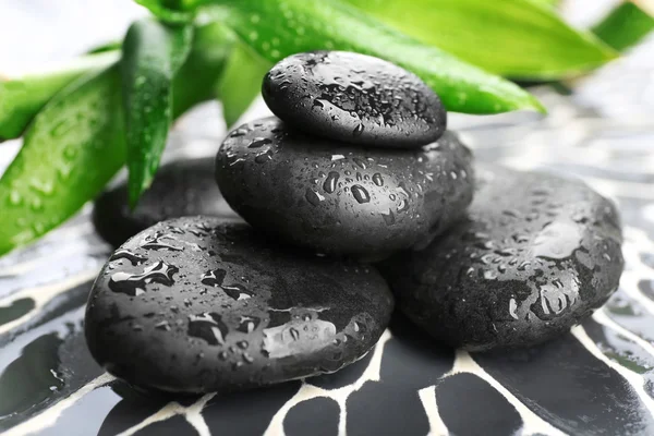 Wellness-Steine und Bambuszweig auf dunklem Hintergrund — Stockfoto