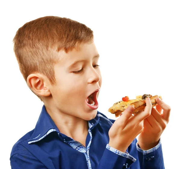Kis fiú-evés Pizza — Stock Fotó