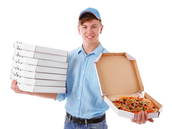 Consegna ragazzo con scatole di pizza — Foto Stock
