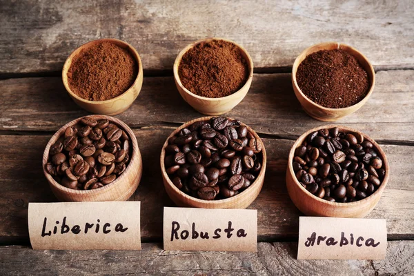 Collection of coffee beans on old wooden table, close up — Stock Photo, Image