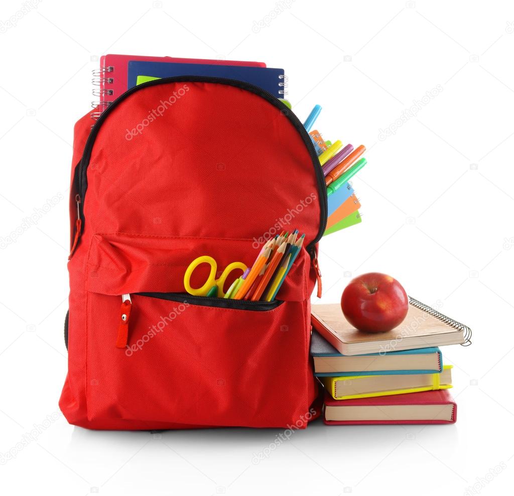 Red backpack full of stationery