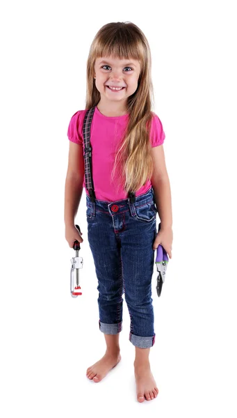 Meisje met speelgoed tools — Stockfoto