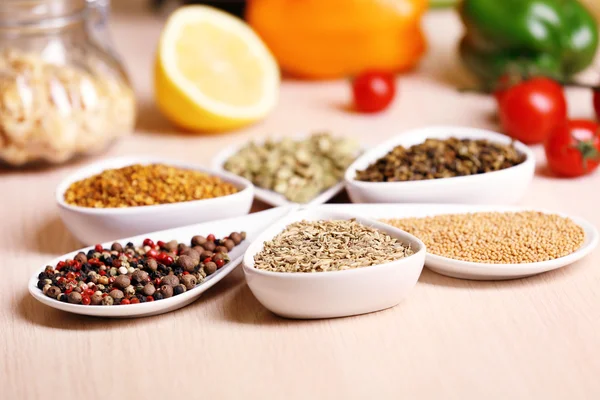 Variety of spices in ceramic containers — Stock Photo, Image
