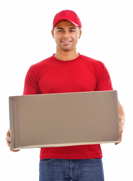 Delivery man holding package — Stock Photo, Image