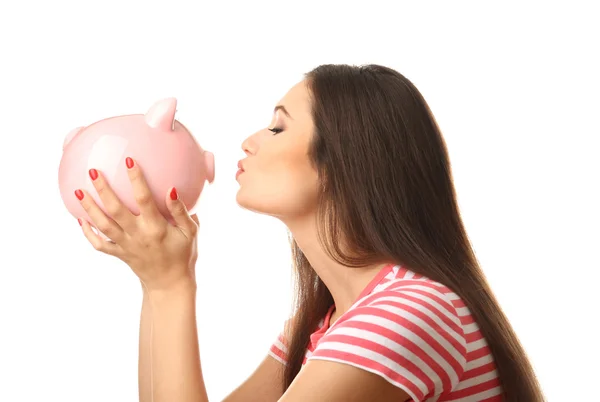 Woman with pig money box — Stock Photo, Image