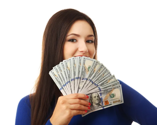Жінка тримає гроші ізольовані на білому — стокове фото