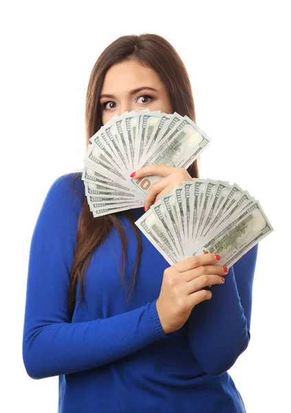 Mujer sosteniendo dinero aislado en blanco — Foto de Stock