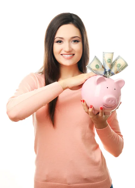 Woman with money box and banknotes — Stock Photo, Image