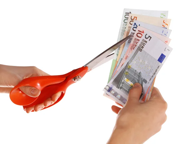 Hands with scissors cutting Euro — Stock Photo, Image