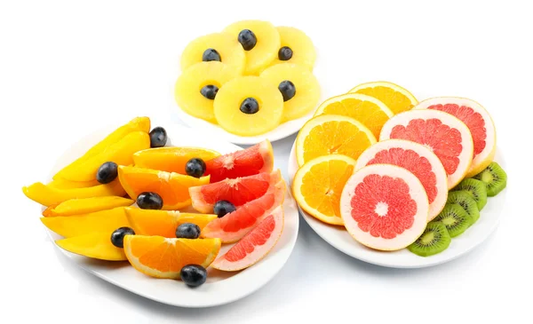 Fruits and crispbread  isolated on white. Healthy eating concept. — Stock Photo, Image
