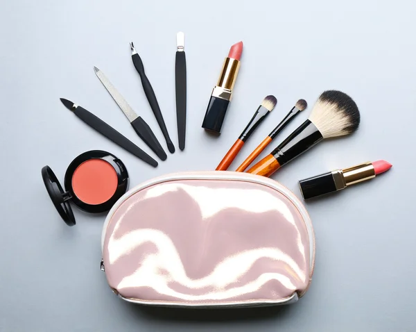 Beautiful makeup bag and cosmetics