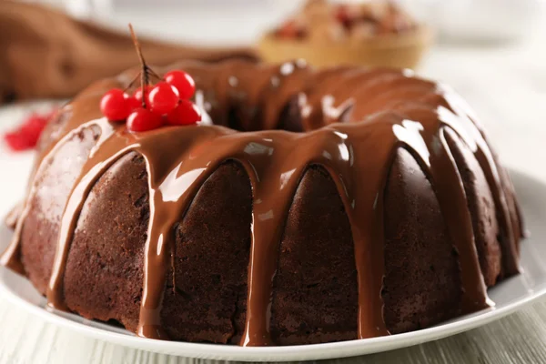 Chocolate cake with snow ball tree berries on plate on a table — Stock Photo, Image