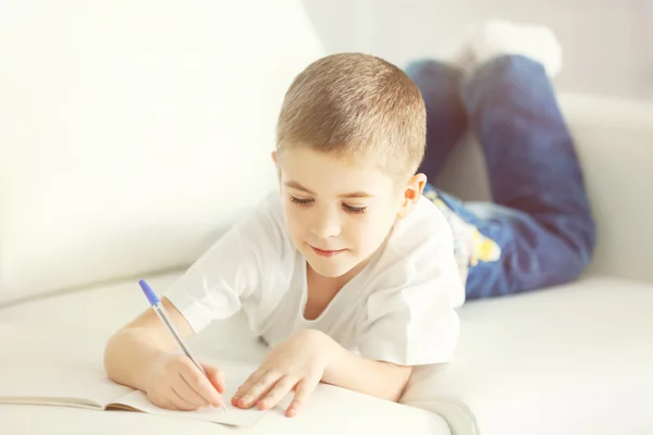 Little boy writing in notebook — Stock Photo, Image