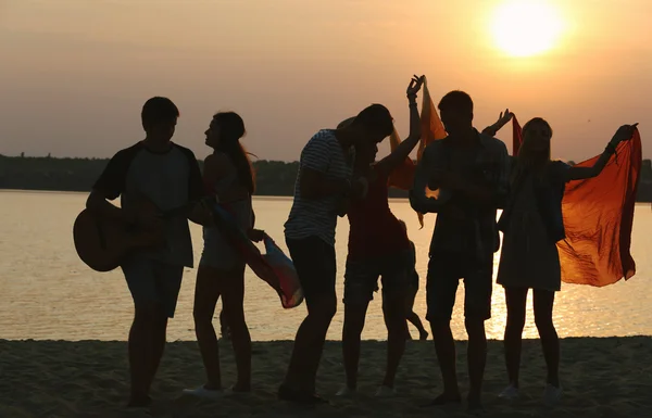 Vrolijke Vrienden Plezier Oever Bij Zonsondergang Buitenshuis — Stockfoto