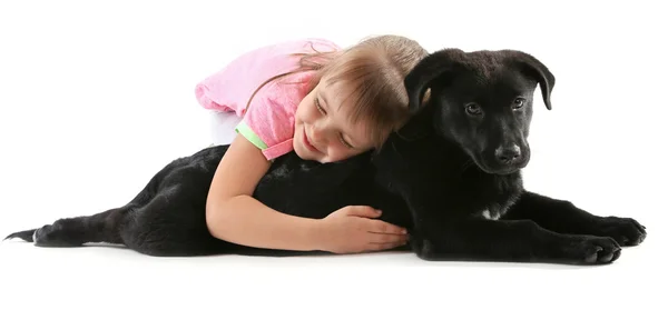 Menina bonito pouco com filhote de cachorro — Fotografia de Stock