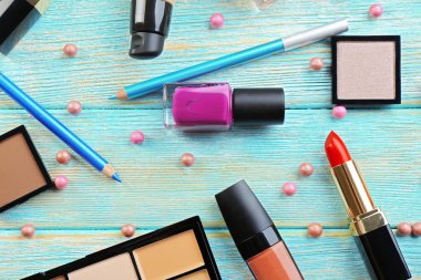 Kozmetik mavi ahşap arka plan ayarla