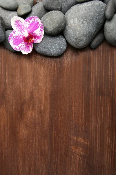 Pietre termali e orchidee su sfondo di legno — Foto Stock