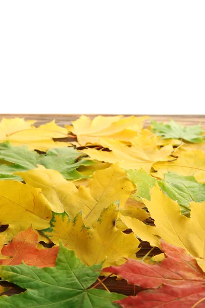 Yellow autumn leaves on wooden table, isolated on white — Stock Photo, Image