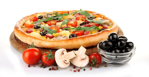Delicious pizza with vegetables, isolated on white — Stock Photo, Image