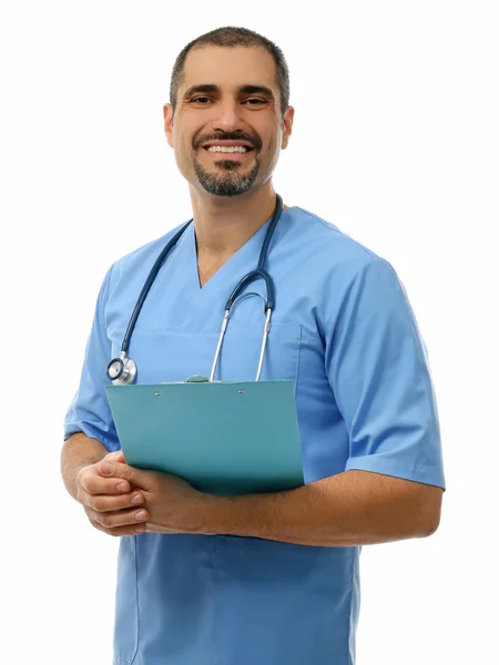 Médico com placa de prescrição em mãos isoladas — Fotografia de Stock