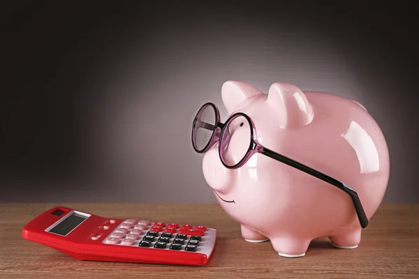 Sparschwein in Brille mit Taschenrechner auf grauem Hintergrund — Stockfoto