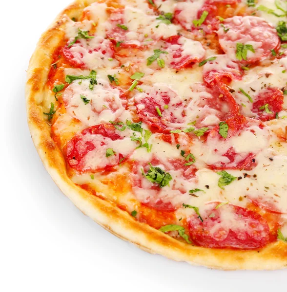 Deliziosa pizza gustosa, isolata su bianco — Foto Stock