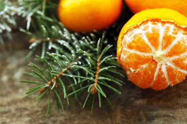 Güzel natürmort mandalina ve köknar-ağacı, eski ahşap masa, yakın çekim