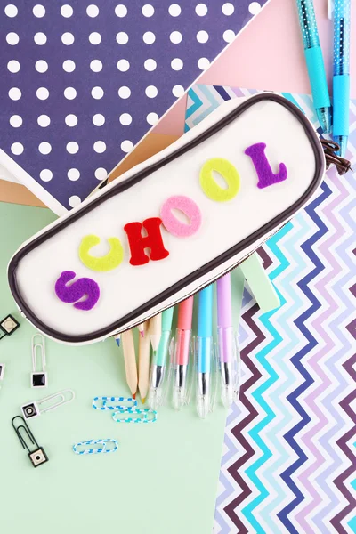 Pencil case with various stationery — Stock Photo, Image