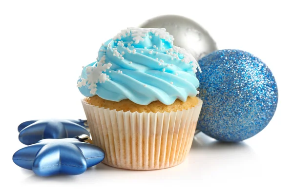 Blå cupcake och jul inredning isolerad på vit — Stockfoto
