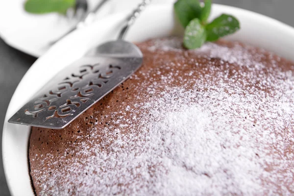Chocolade taart met poeder suiker en schop, close-up — Stockfoto