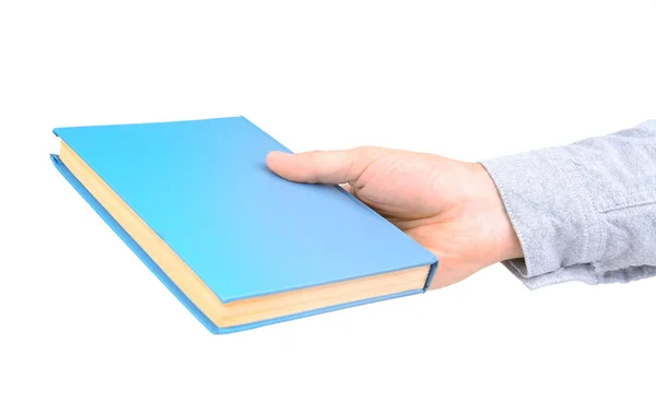 Man hand met boek, geïsoleerd op wit — Stockfoto