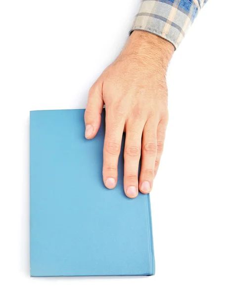 Muž ruku na knihu, izolovaných na bílém — Stock fotografie