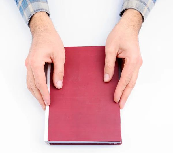 Mani uomo tenuta libro, isolato su bianco — Foto Stock