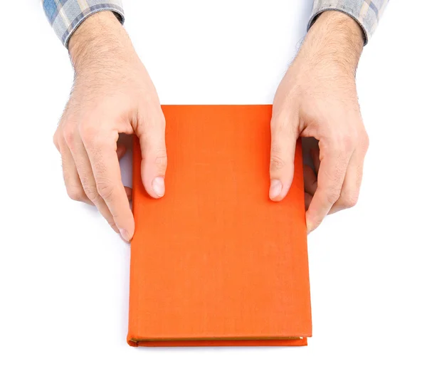 Man händer som håller boken, isolerad på vit — Stockfoto