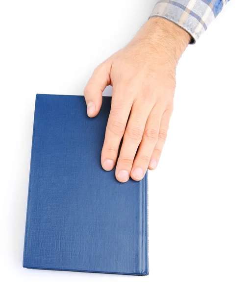 Man hand on book, isolated on white — Stock Photo, Image