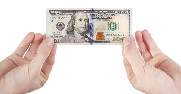 Mains tenant un billet de cent dollars, isolées sur blanc — Photo