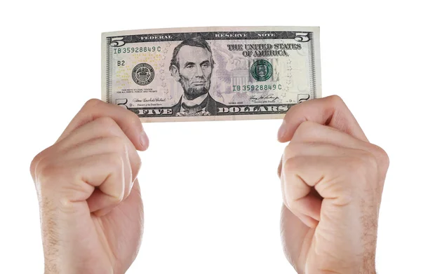Beş dolarlık banknot, üzerinde beyaz izole holding eller — Stok fotoğraf