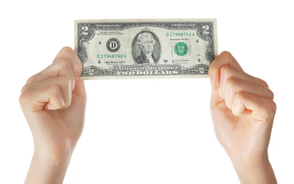 Két dollár bankjegy, elszigetelt fehér tartó kezek — Stock Fotó