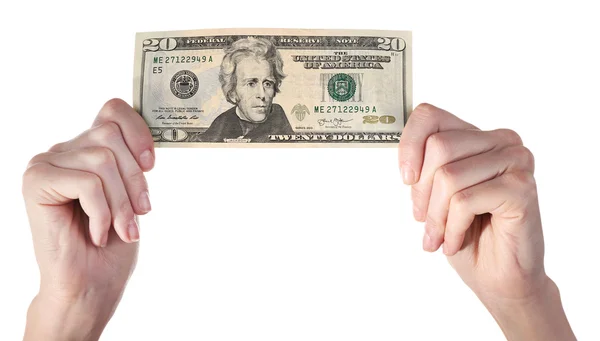 Χέρια που κρατούν το τραπεζογραμμάτιο είκοσι δολάριο, απομονωμένα σε λευκό — Φωτογραφία Αρχείου