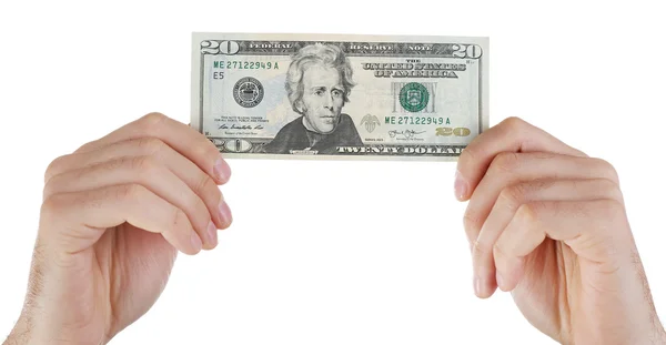 Yirmi dolarlık banknot, üzerinde beyaz izole holding eller — Stok fotoğraf