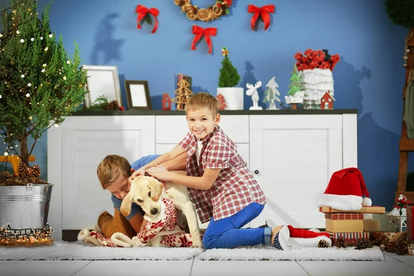 Meninos alegres estão brincando com o cão — Fotografia de Stock