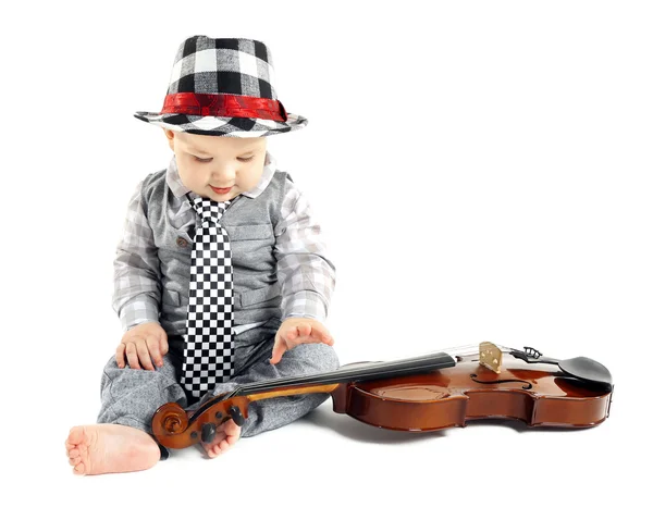 Bebê bonito em chapéu com violino — Fotografia de Stock